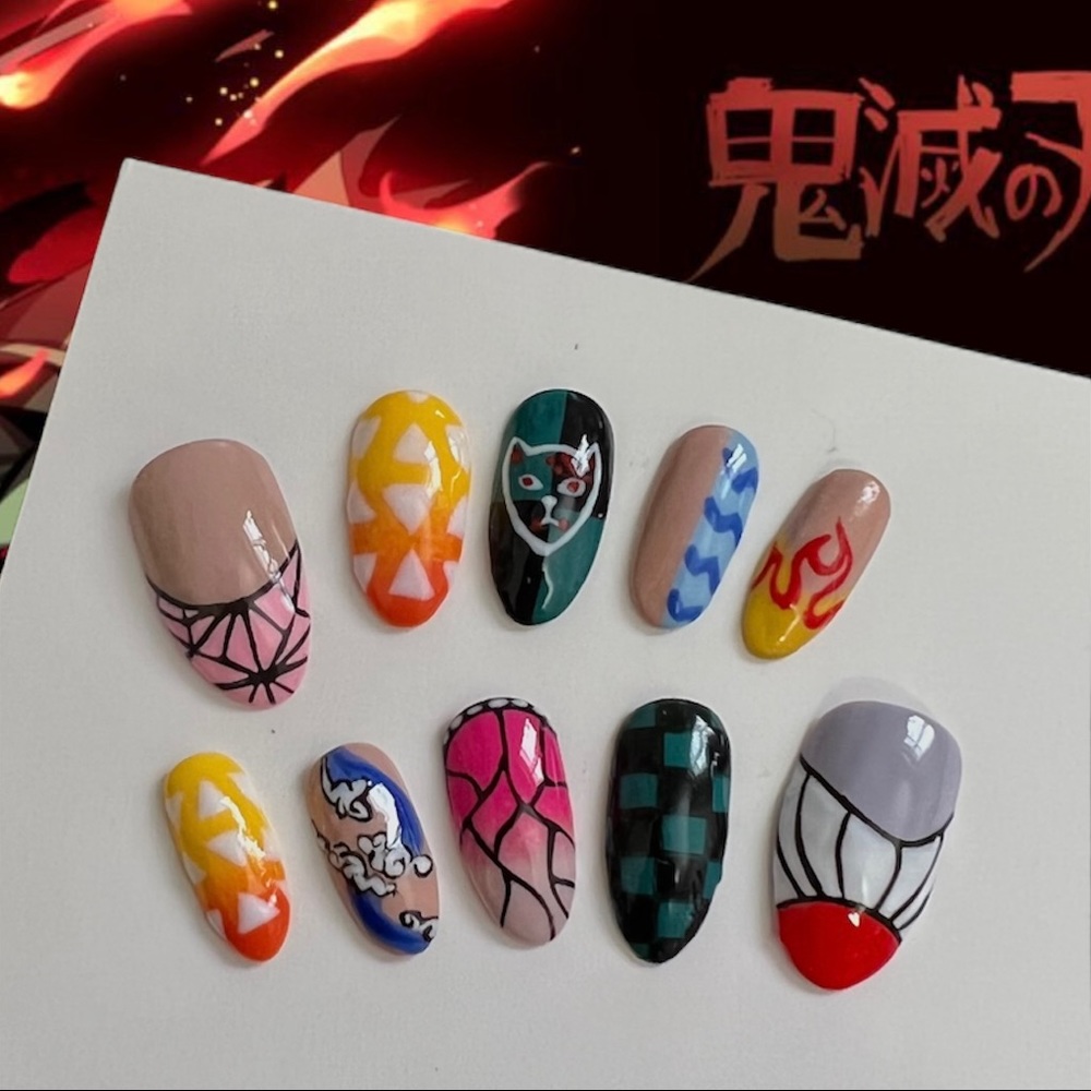 HANDPAINTED DEMON SLAYER ANIME FAN ART PRESS ON GEL NAILS